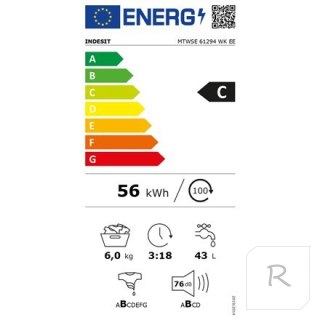 INDESIT Pralka MTWSE 61294 WK EE Klasa efektywności energetycznej C, ładowanie od przodu, pojemność prania 6 kg, 1151 obr./min,