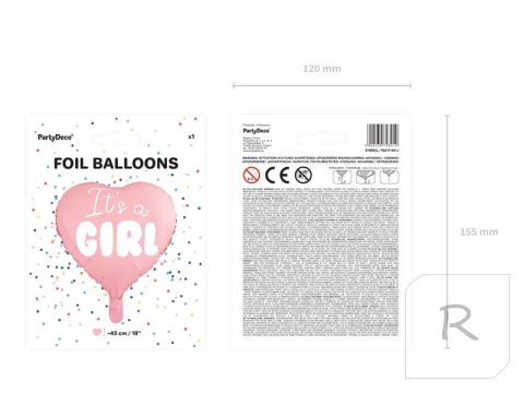 Balon foliowy "It's a girl" na baby shower serce różowe 48cm