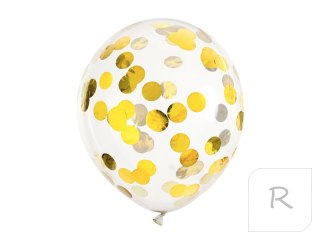 Balony transparentne z konfetti złote kółka 30cm 6 sztuk