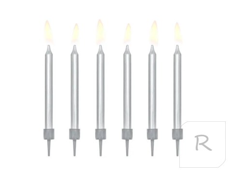 Świeczki urodzinowe na tort gładkie srebrny 6cm 6 sztuk