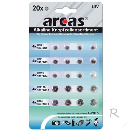 Arcas AG Set 4xAG1, 4xAG3, 4xAG4, 4xAG10, 4xAG13, Alkaline Buttoncell, 20 pc(s)