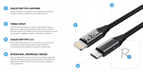 Kabel USB Typu C - USB Lightning MOCNY 20W 3.0 1m WZMACNIANY OPLOT