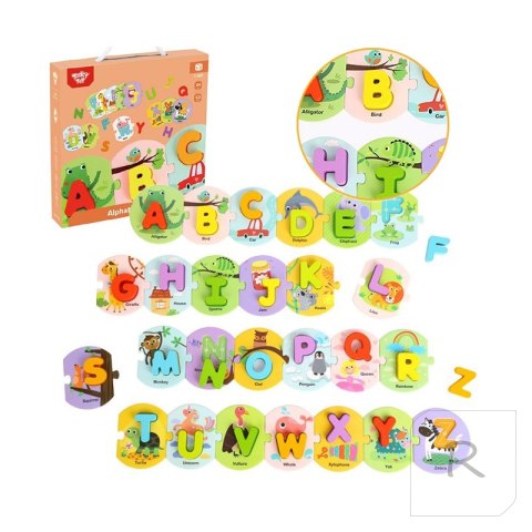 TOOKY TOY Drewniane Puzzle Montessori Układanka Nauka Alfabetu Liter Słów Alfabet Grube Klocki 26 el.