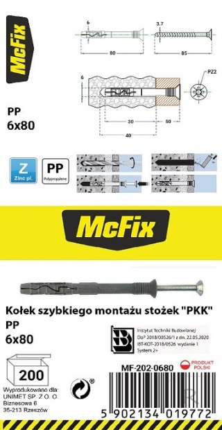 KOŁEK SZYBKI MONTAŻ STOŻEK PP 6*80MM