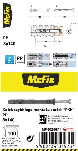 KOŁEK SZYBKI MONTAŻ STOŻEK PP 8*140MM