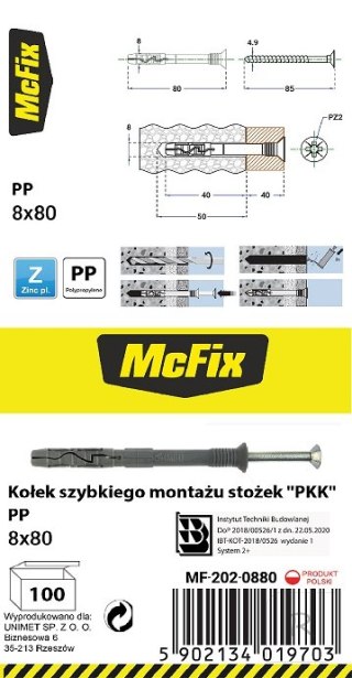 KOŁEK SZYBKI MONTAŻ STOŻEK PP 8*80MM