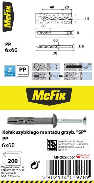 KOŁEK SZYBKI MONTAŻ Z KOŁNIERZEM PP 6*60MM