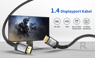 JSAUX KABEL DISPLAYPORT DP HDR 1.4 8K 32,4 GB/S POZŁACANY NYLONOWY 2M