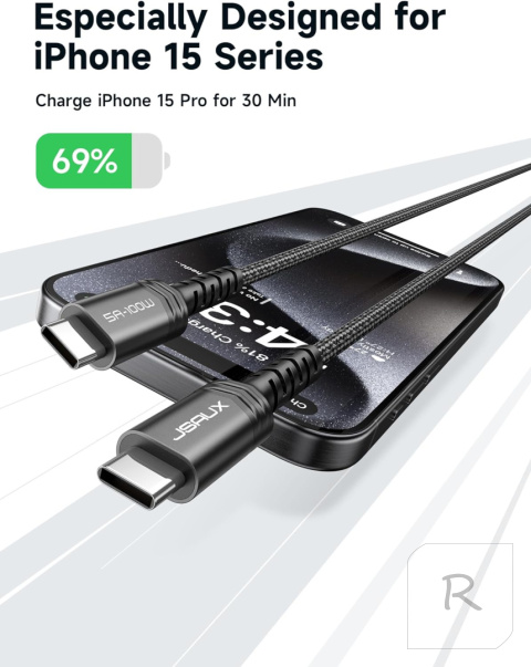 KABEL USB C USB C 2Metry 100W 5A QC OPLOT PREMIUM 480 Mb/s Czarny JSAUX