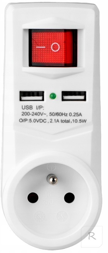 ROZGAŁĘŹNIK ELEKTRYCZNY ZŁODZIEJKA GNIAZDO Z WŁĄCZNIKIEM 2x USB 2.1A