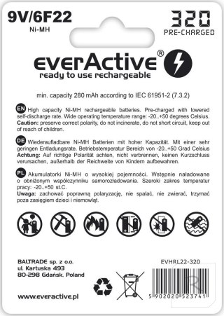 Baterie EVERACTIVE NiMH PP3 (9V, 6LR61, 6F22, 6R61) 320mAh Blister EVHRL22-320