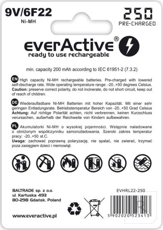 Baterie EVERACTIVE NiMH PP3 (9V, 6LR61, 6F22, 6R61) 250mAh Blister EVHRL22-250