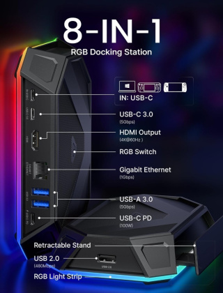 JSAUX HUB 8w1 USB-C HDMI 2.0 4K 60Hz Ethernet RJ45 Gigabit PD RGB