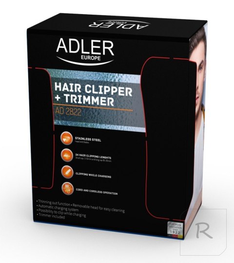 Adler AD 2822 Hair clipper + trimmer, 18 hair clipping lengths, Thinning out function, Stainless steel blades, Black