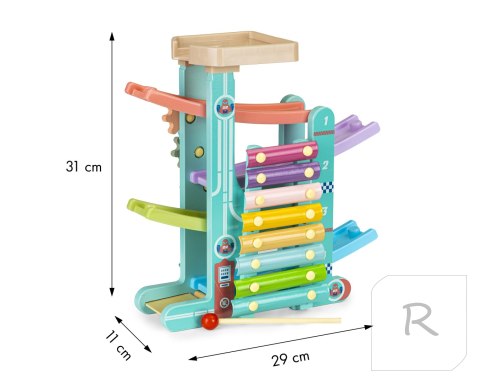 Drewniany tor zjeżdżalnia + 6 autek + cymbałki ECOTOYS