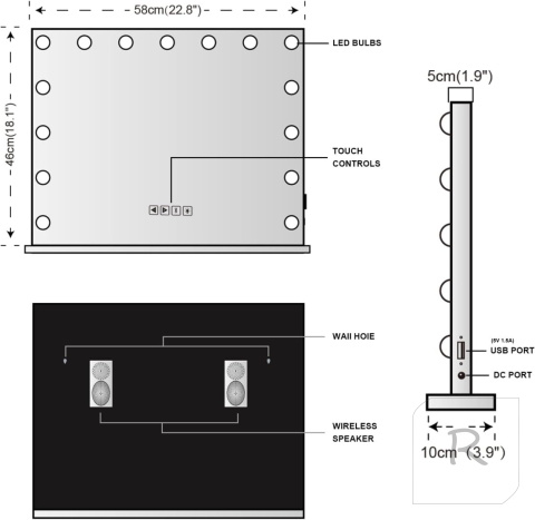 LUSTRO KOSMETYCZNE DO MAKIJAŻU PODŚWIETLANE LED Bluetooth GŁOŚNIK