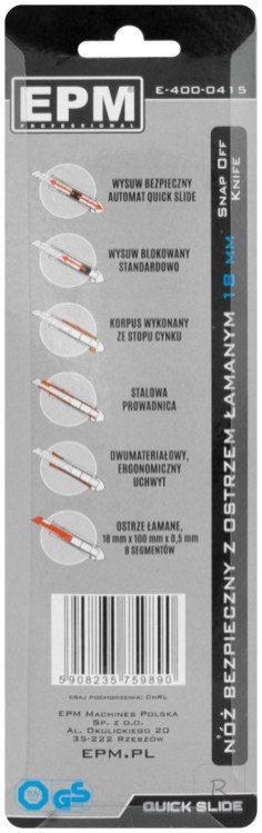 NÓŻ Z OSTRZEM ŁAMANYM ALUMINIOWY BEZPIECZNY 18MM EPM PROFESSIONAL