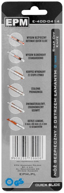 NÓŻ Z OSTRZEM ŁAMANYM ALUMINIOWY BEZPIECZNY 9MM EPM PROFESSIONAL