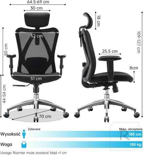 FOTEL BIUROWY ERGONOMICZNY REGULOWANY OBROTOWY SIATKOWANY | CZARNY | SIHOO