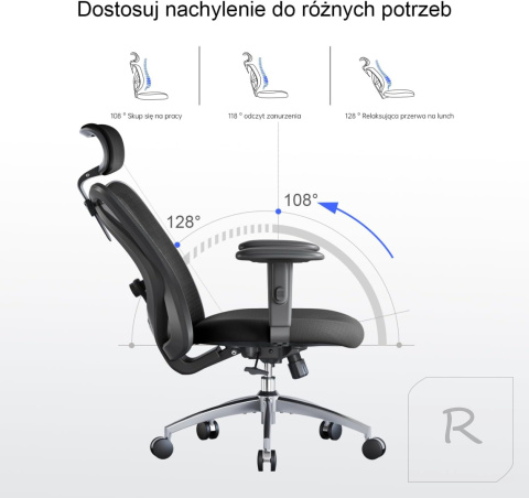 FOTEL BIUROWY ERGONOMICZNY REGULOWANY OBROTOWY SIATKOWANY | CZARNY | SIHOO