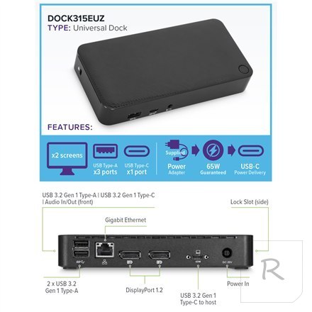 Universal Docking Station | DisplayLink USB-C with 65 W Power Delivery | Ethernet LAN (RJ-45) ports 1 | DisplayPorts quantity 2