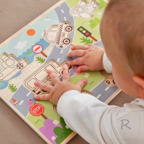 Tooky Toy Drewniane Puzzle Montessori Pojazdy Samochody Samolot Statek Miasto Dopasuj Kształty