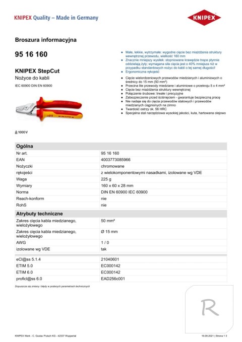 NOŻYCE DO KABLI IZOLOWANE 1000V 160MM