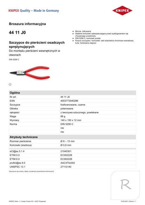 SZCZYPCE DO PIERŚCIENI SEGERA WEWNĘTRZNE PROST.130MM 08-13MM