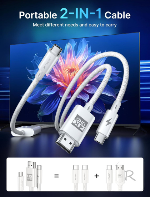 JSAUX Kabel USB C na HDMI 2M 4K UHD z portem ładowania PD 100 W 2w1 CV0057