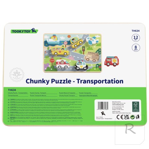 Tooky Toy Drewniane Puzzle Montessori Pojazdy Samochody Samolot Statek Miasto Dopasuj Kształty