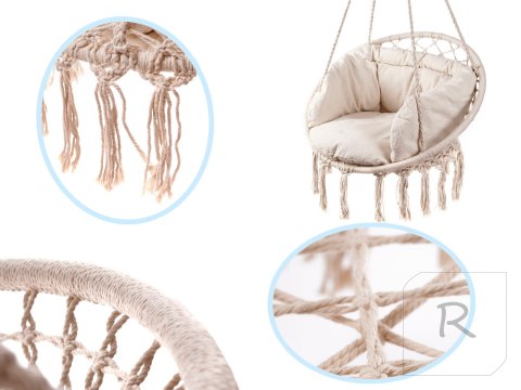 Huśtawka fotel bocianie gniazdo z oparciem ecru 80cm + poduszki 150 kg