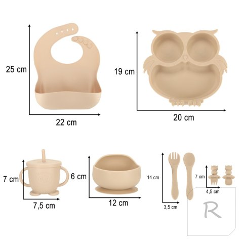 Naczynia silikonowe dla dzieci sowa zestaw 8 elementów beżowy