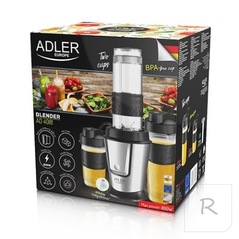 Adler Blender AD 4081 Tabletop, 800 W, Jar material BPA Free Plastic, Jar capacity 0.57 and 0.4 L, Ice crushing, Black/Stainless