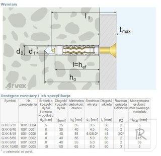 DYBEL UNIWERSALNY ŁEB Z NACIĘCIEM KRZYŻOWYM GXK 10/60MM ARVEX