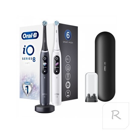 Oral-B Electric Toothbrush iO8 Series Duo Rechargeable, Dla dorosłych, Liczba główek szczoteczki w zestawie 2, Czarny onyks/biał